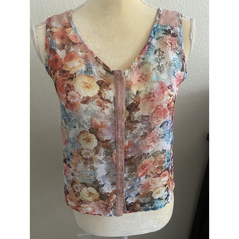 Band of Gypsies sheer sleeveless Button Down floral blouse top SZ XS